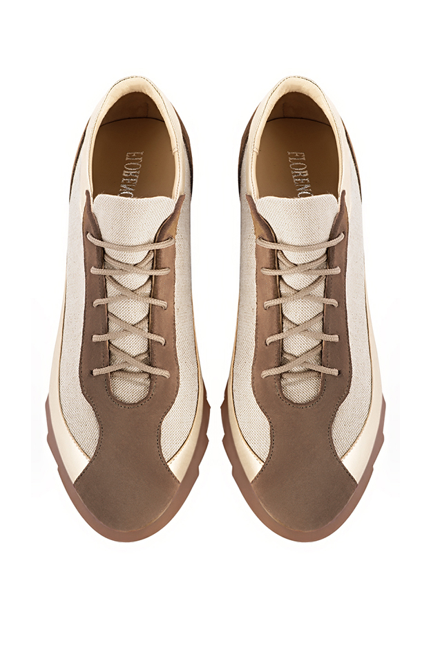 Chocolate brown and gold women's two-tone elegant sneakers. Round toe. Low rubber soles. Top view - Florence KOOIJMAN